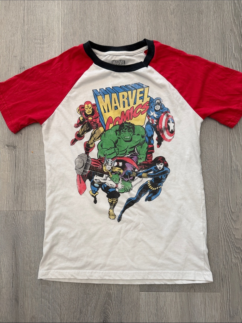 Marvel White Tee with Red Raglan Sleeves and Classic Avengers Art